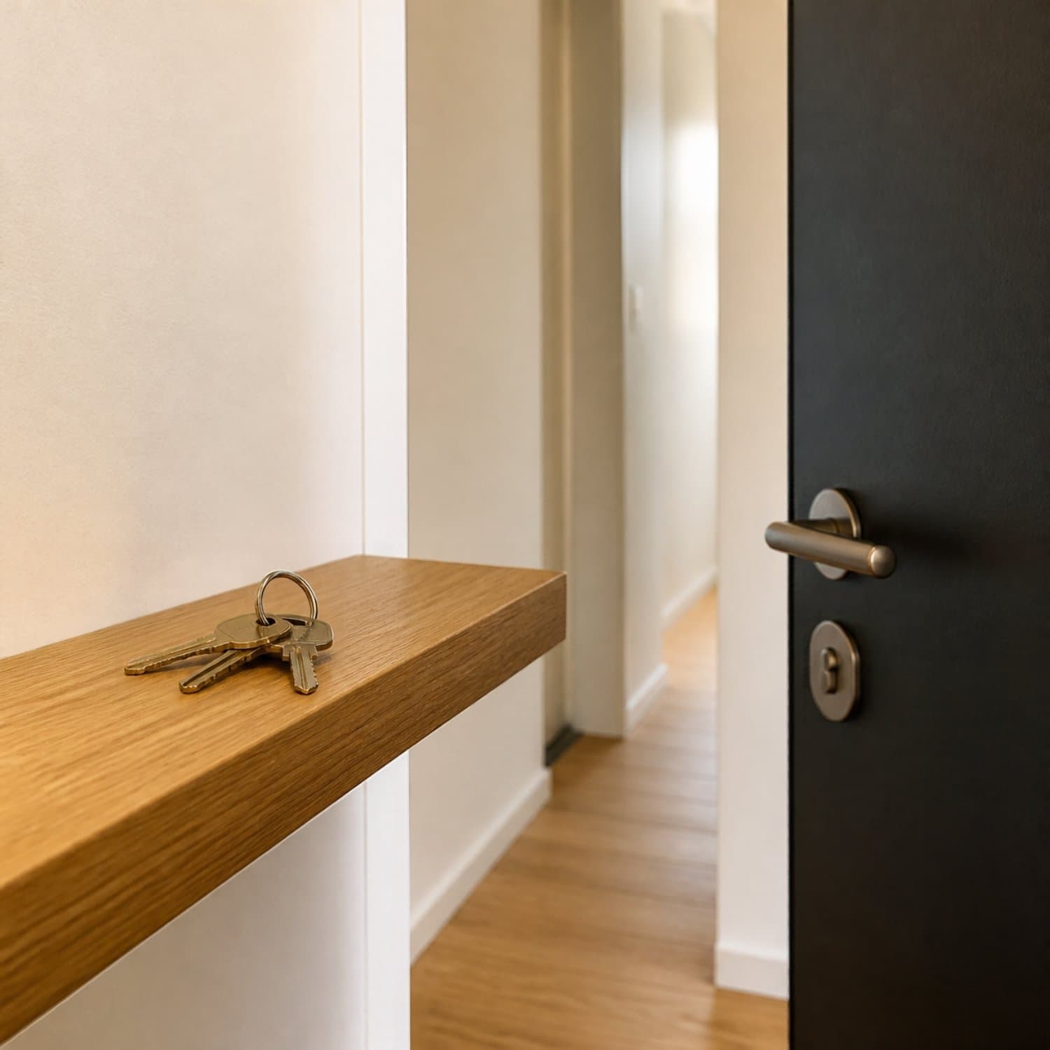Entrée d'un appartement vide, clés posées sur une étagère